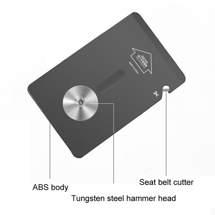 Emergency hammer safety card with ABS body, tungsten hammer head, and belt cutter