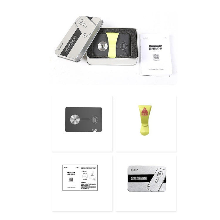 Emergency car window breaker card kit in black with yellow accents, papers and case