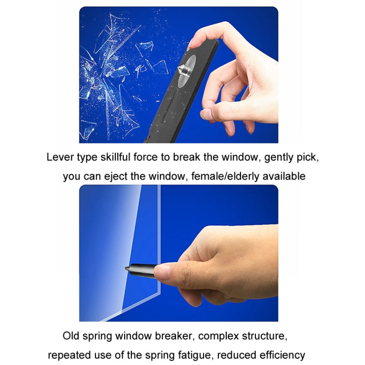 Emergency window hammer safety card with lever use shown beside broken glass