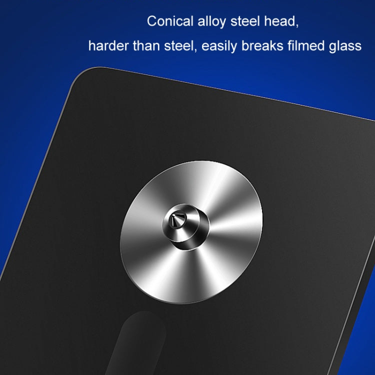 Emergency car window hammer card close-up of circular metal hammer head