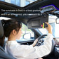 Emergency car window hammer card mounted near sun visor with hand reaching