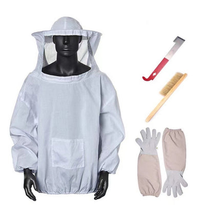 Light gray beekeeping protective jacket with hood veil and matching gloves