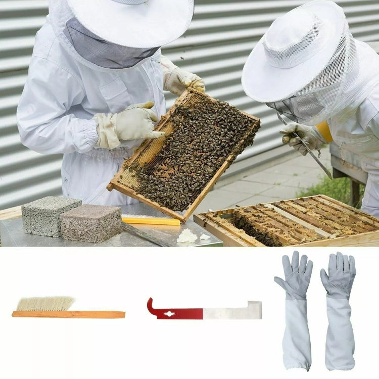 Beekeeping protective suit with veil, plus wooden scraper brush and gloves