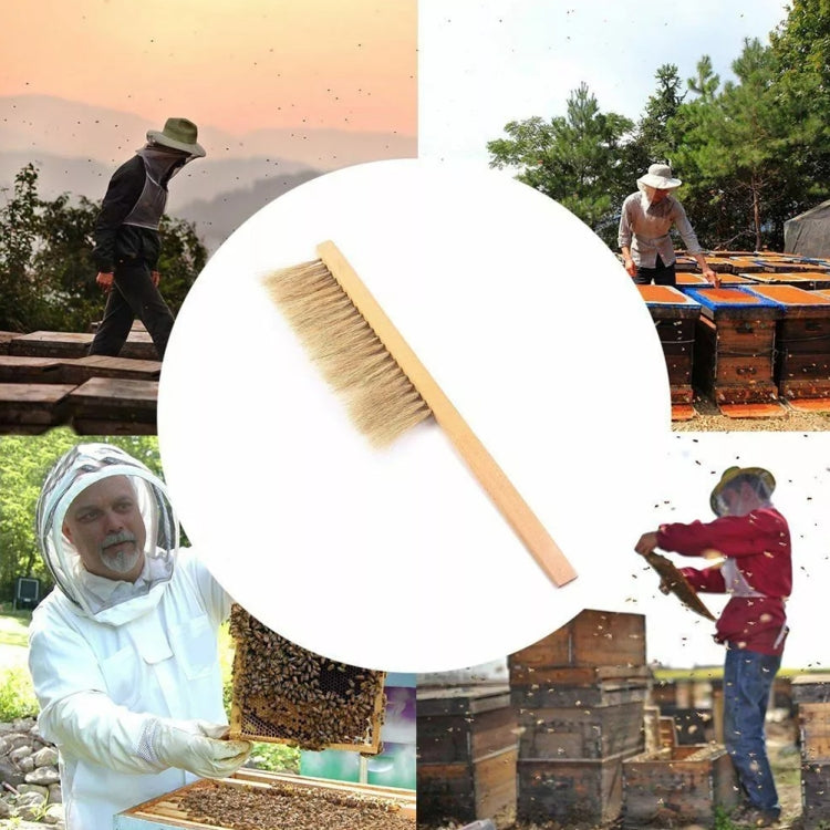 Beekeeping brush with bristles shown, alongside protective veil suit and gloves