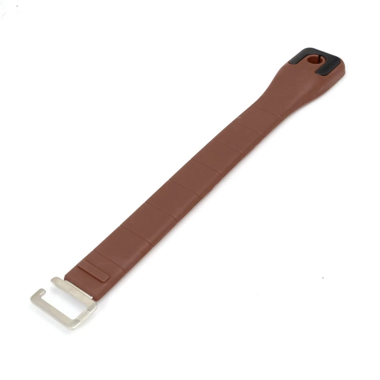 Adjustable brown silicone car seat storage hook with metal buckle and strap loop