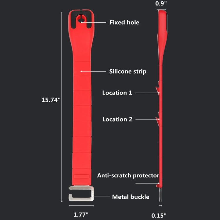 Silicone car seat storage hook with fixed holes, anti-scratch strip, and metal buckle