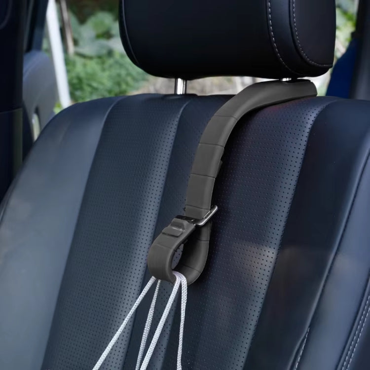 Dark gray car seat storage hook with adjustable strap and metal buckle, hanging cords