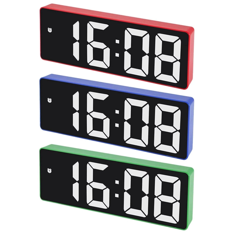Set of three LED alarm clocks in red, blue, and green with time display