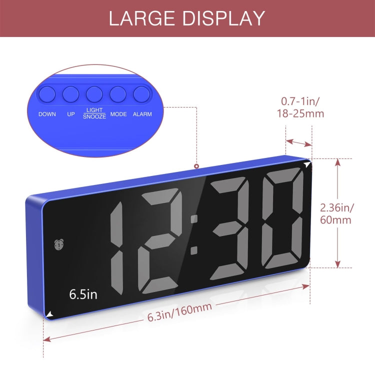 Blue LED alarm clock with large segmented time display and top button icons
