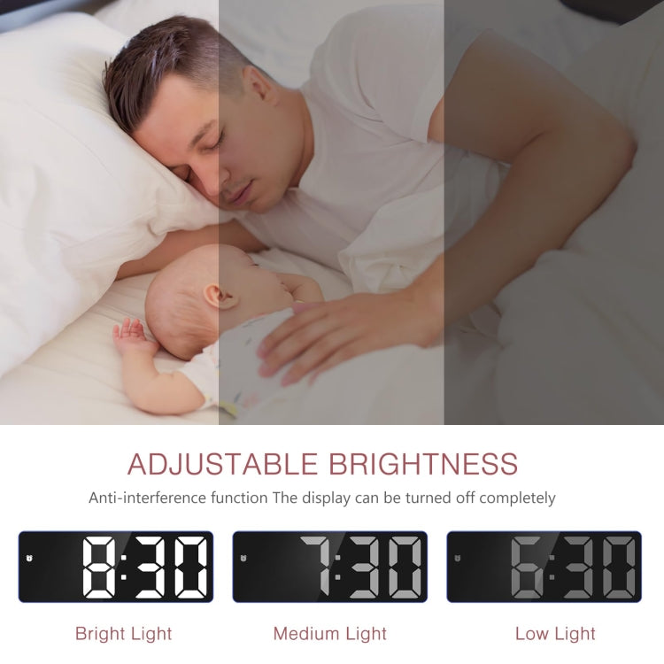 LED bedside alarm clock showing adjustable display brightness levels