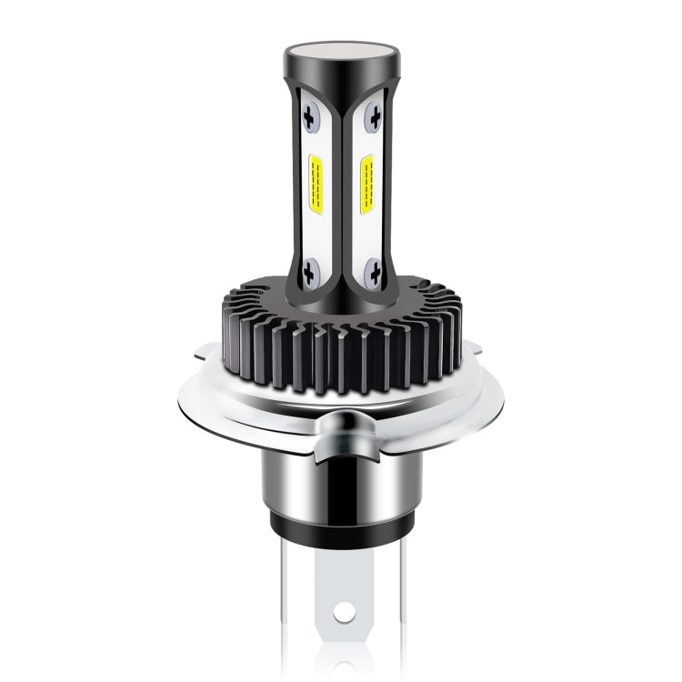 High-brightness LED car working headlight bulb with black heat sink fins and two LED chips