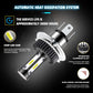 High-brightness LED car headlight bulb with black finned housing and two visible COB LED chips