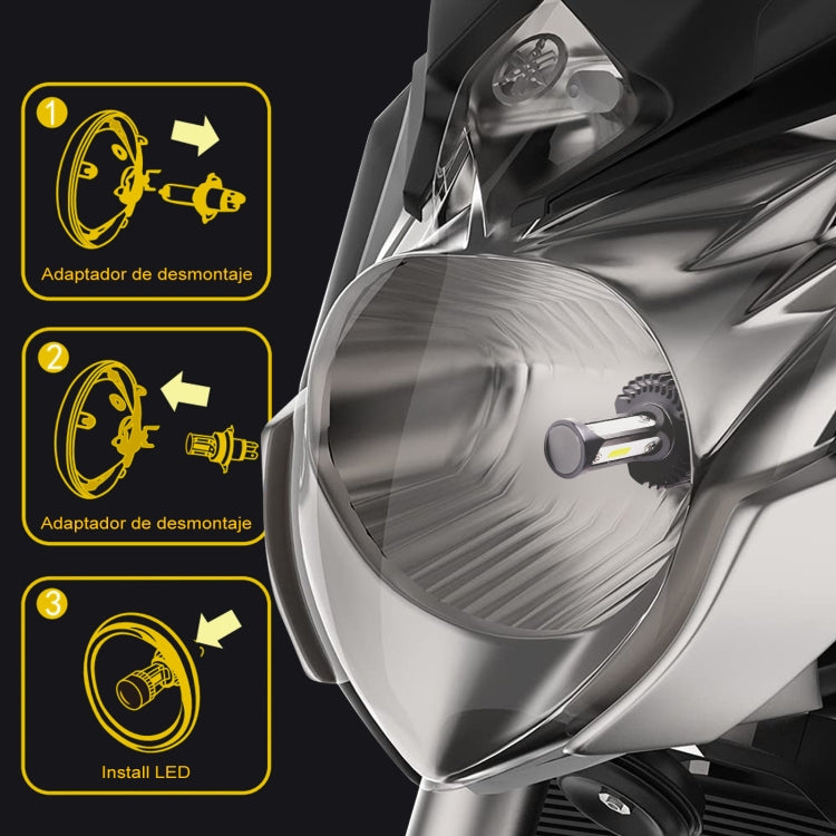 High-brightness LED headlight bulb next to motorcycle headlamp lens and installation adapter