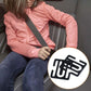 Black metal seat belt adjustment limiter shown in a circular inset