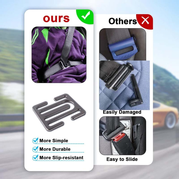 Metal seat belt limiter in a product comparison graphic, shown as a small inset
