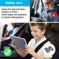 Child in a car seat with metal seat belt adjustment limiter shown in an inset