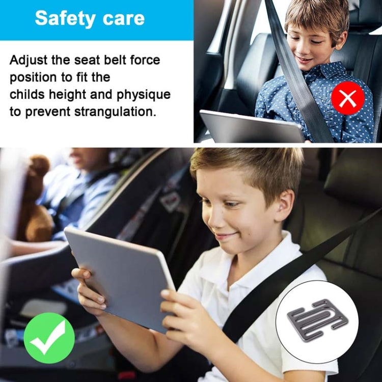 Child in a car seat with metal seat belt adjustment limiter shown in an inset