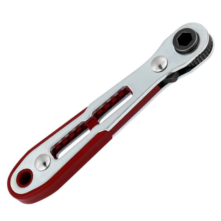 Mini ratcheting socket wrench with flat screwdriver bit, red and silver handle