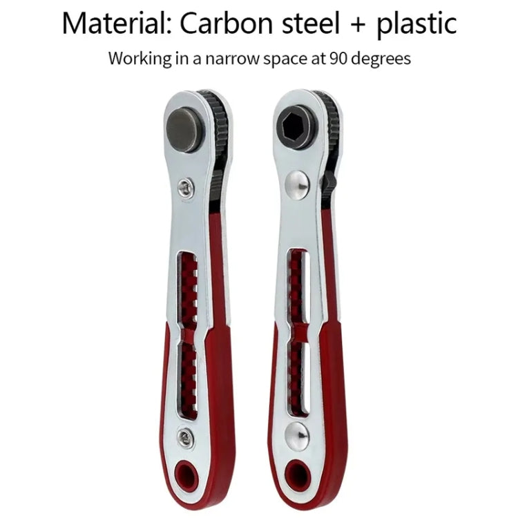 Two mini ratcheting socket tools with red handles and black socket ends