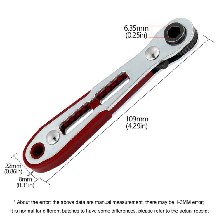 Mini bi-directional ratcheting wrench, red and silver, showing socket and measurements