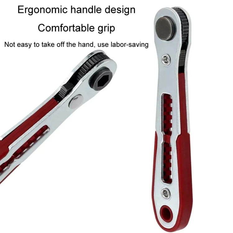 Compact ratchet wrench with ergonomic red handle grip and black socket head