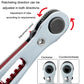 Ratcheting direction switch on mini socket wrench, red and silver with black dial
