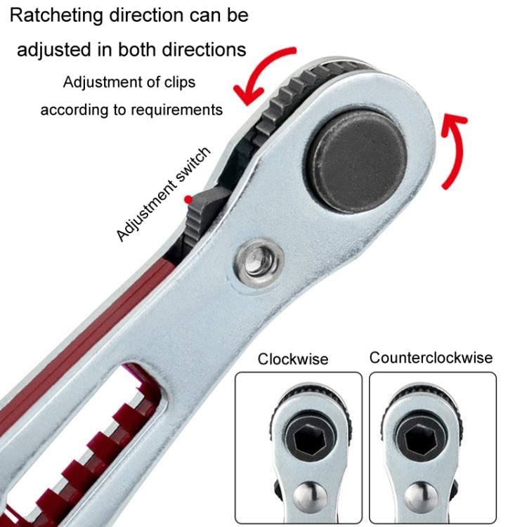 Ratcheting direction switch on mini socket wrench, red and silver with black dial