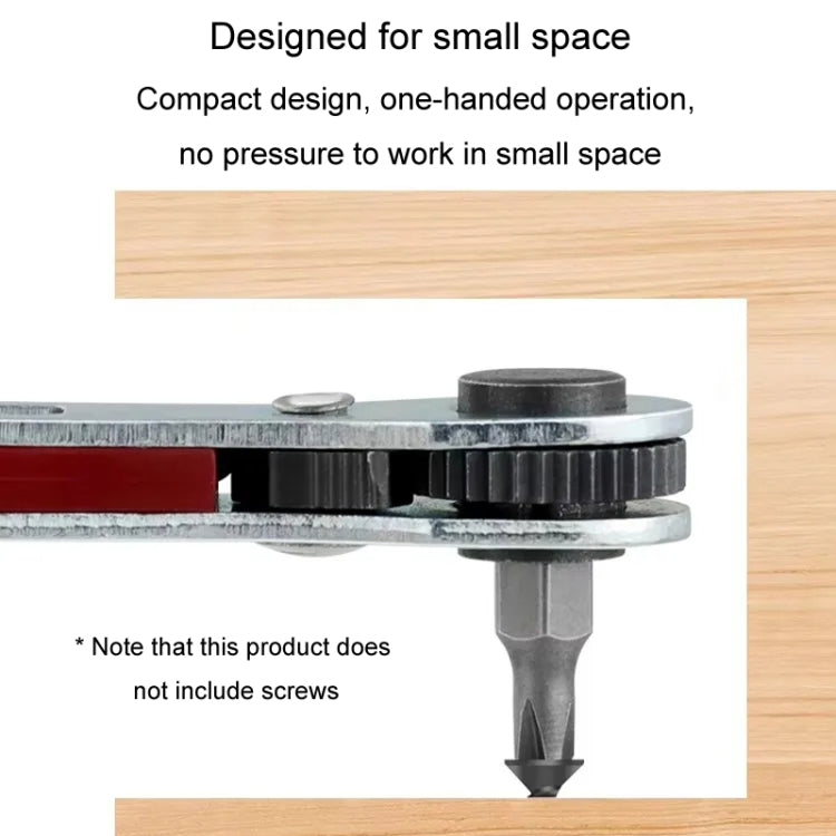 Ratcheting wrench head clamped over a screw on wood, compact red and silver design