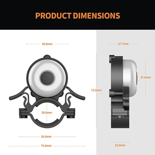 Bicycle anti-theft bell size diagram, front and side views with mounting arms