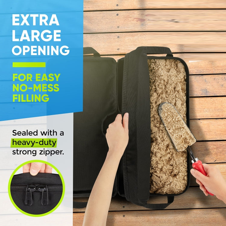 Patio parasol sandbag cover with large opening for easy, no-mess filling