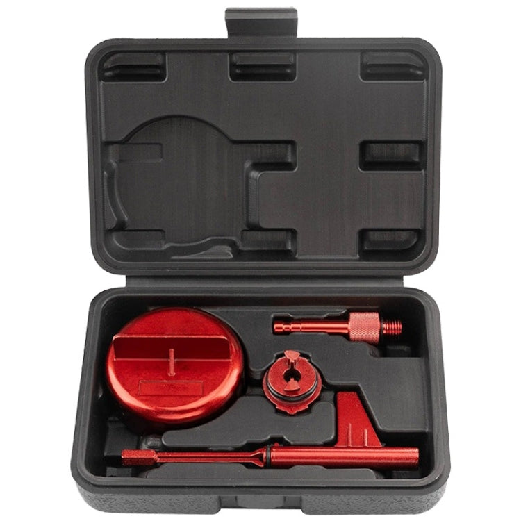 Gearbox oil change tool kit with red oil cap and wrench bits in black case