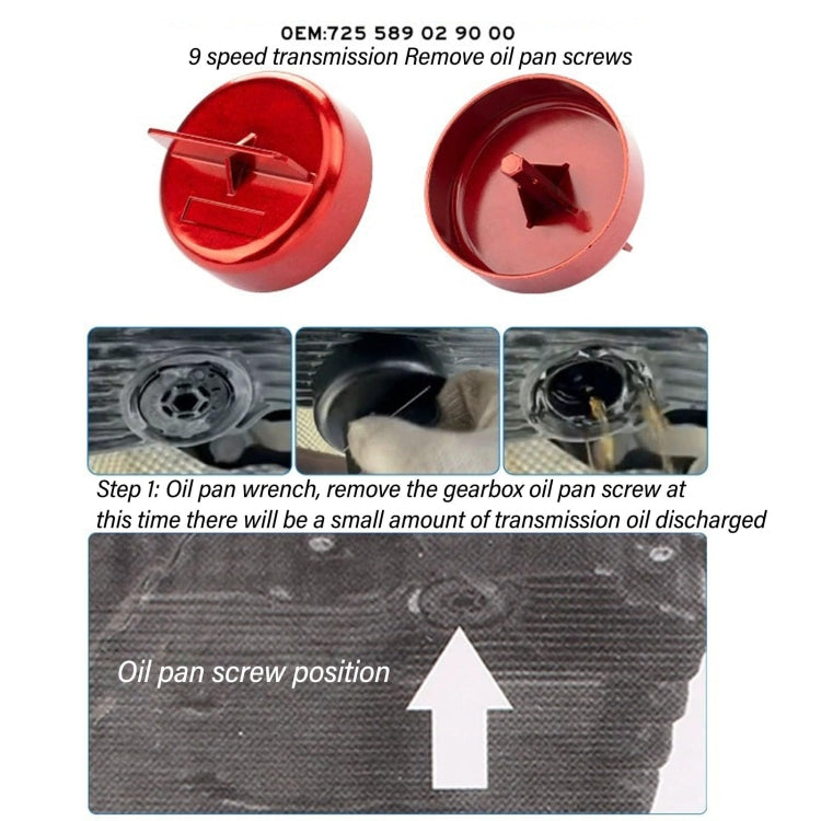 Transmission oil pan wrench instruction showing red drain screw cap and oil pan