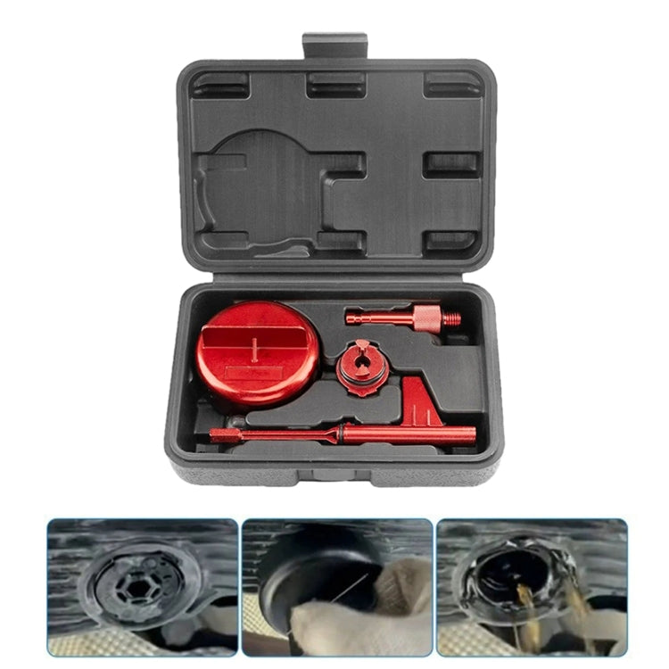 Gearbox oil change tool kit with red oil cap and hex wrenches in black case