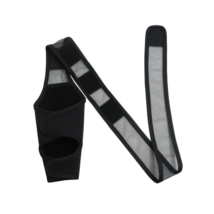 Black dog leg protection brace featuring two-piece mesh panels and strap