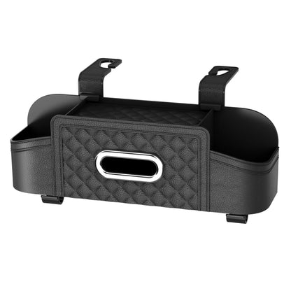 Black car seat back tissue storage box with straps, front window, and side compartments
