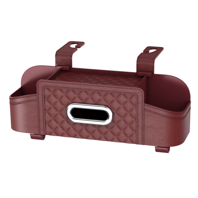 Wine red car seat back tissue storage box with straps, front window, and side compartments