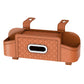 Orange car seat back tissue storage box with straps, front window, and side compartments