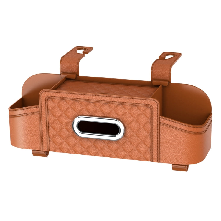 Orange car seat back tissue storage box with straps, front window, and side compartments