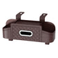 Brown car seat back tissue storage box with straps, front window, and side compartments