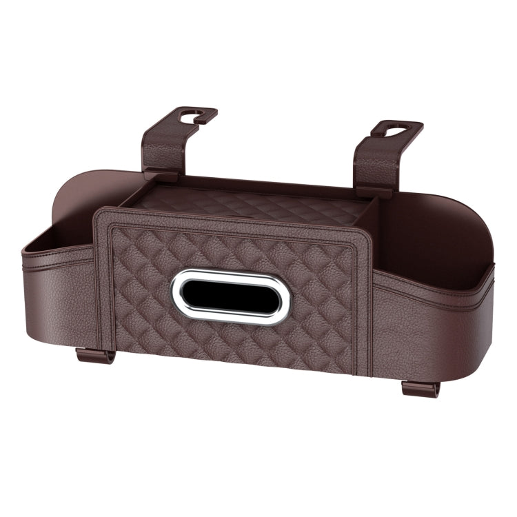 Brown car seat back tissue storage box with straps, front window, and side compartments