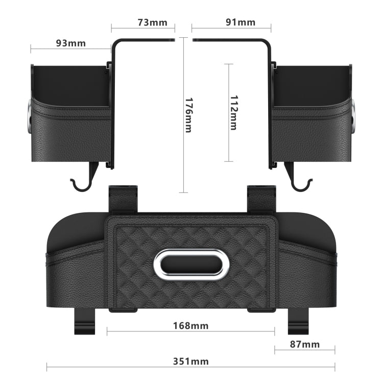 Car seat back tissue storage box size diagram with straps and front tissue window