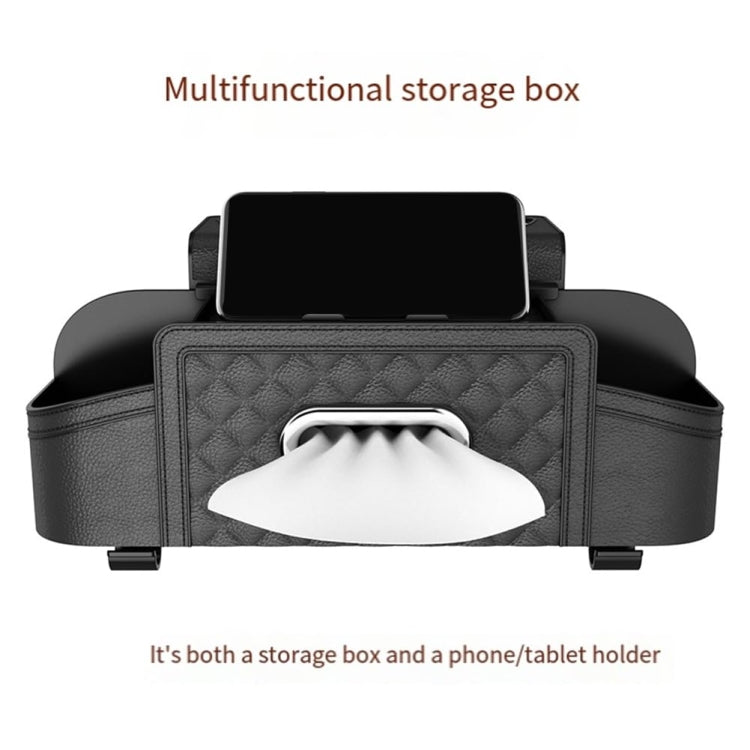 Black car seat back storage box with front tissue window and top device holder