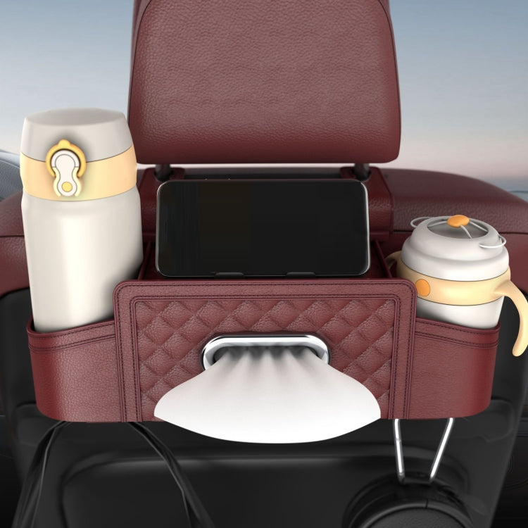 Burgundy car seat back tissue storage box with front window, top device tray, and hooks