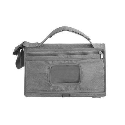 Gray waterproof diaper changing pad bag with front zip pocket and detachable flap window