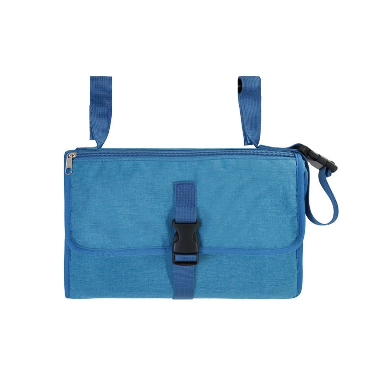 Blue waterproof diaper changing pad bag with front flap, zipper closure, and side strap