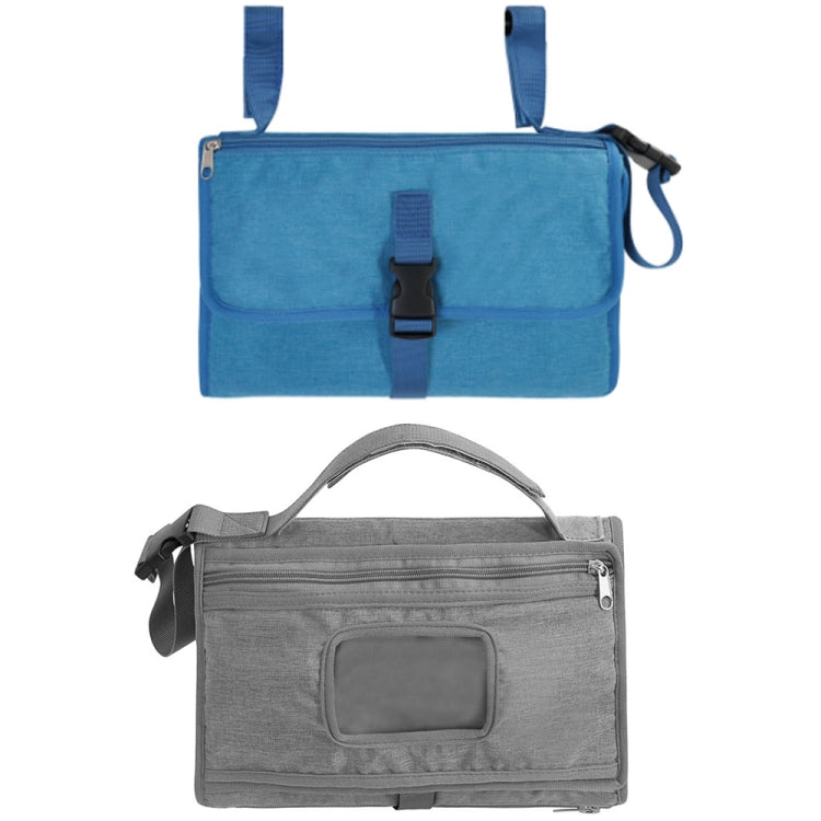 Blue and gray waterproof diaper changing pad bags with zip fronts and detachable flap pocket
