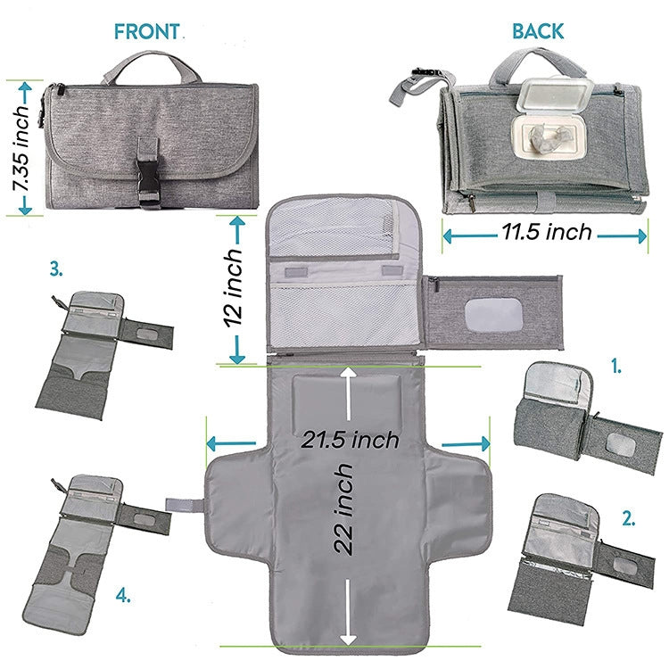 Gray multifunction diaper changing pad bag set with multiple compartments and changing pad