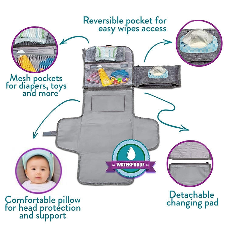 Gray diaper changing pad with detachable changing surface and mesh organizer pockets
