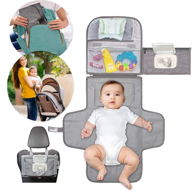 Gray diaper changing pad with mesh side organizer and detachable wipes pouch
