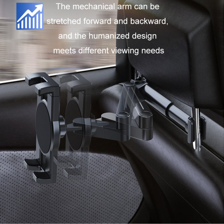 Car seat backrest holder with extended mechanical arm and cradle mount